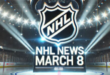 NHL logo with the words NHL news March 8 below the logo
