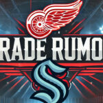 Detroit Red Wings and Seattle Kraken logos with the words trade rumor between the logos