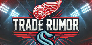 Detroit Red Wings and Seattle Kraken logos with the words trade rumor between the logos