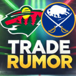 Minnesota Wild and Buffalo Sabres logos in the background, representing potential trade of Dylan Cozens