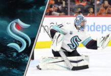 Seattle Kraken goalie Philipp Grubauer during an NHL game before potential offseason buyout