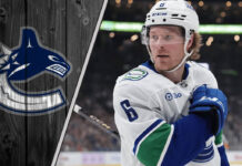 Vancouver Canucks winger Brock Boeser looking concerned during a game.