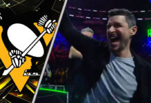 Sidney Crosby throwing a football through a target at PPG Paints Arena, during Pat McAfee's Big Night AHT.