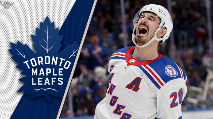 New York Rangers forward Chris Kreider skates with the puck, a potential trade target for the Toronto Maple Leafs.