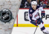 Dante Fabbro, right-shot defenseman, skating in his Columbus Blue Jackets jersey, amidst NHL trade rumors.