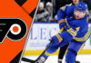 Bowen Byram with a Flyers logo beside him in the latest NHL trade rumors discussion