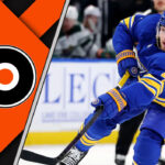 Bowen Byram with a Flyers logo beside him in the latest NHL trade rumors discussion