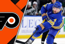 Bowen Byram with a Flyers logo beside him in the latest NHL trade rumors discussion