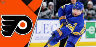 Bowen Byram with a Flyers logo beside him in the latest NHL trade rumors discussion