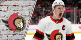 Brady Tkachuk skating as Ottawa Senators captain during NHL playoff game