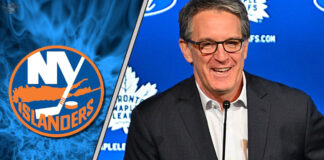 Brendan Shanahan in a suit, with the Toronto Maple Leafs logo subtly blurred in the background, facing a New York Islanders logo.