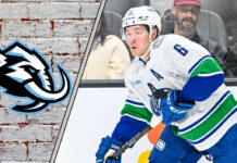 Brock Boeser in action, with the Utah Mammoth logo subtly in the background, representing NHL trade rumors.