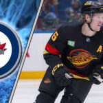Winnipeg Jets logo overlaid with an image of Brock Boeser in a Vancouver Canucks jersey.