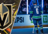 Vegas Golden Knights logo with Brock Boeser in a Canucks jersey overlaid.