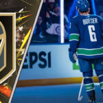 Vegas Golden Knights logo with Brock Boeser in a Canucks jersey overlaid.