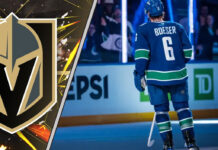 Vegas Golden Knights logo with Brock Boeser in a Canucks jersey overlaid.