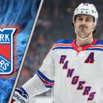 New York Rangers forward Chris Kreider skating in his blue jersey, amidst NHL trade rumors.