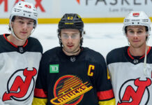 Quinn Hughes in a Vancouver Canucks jersey with his brothers in New Jersey Devils uniform