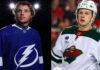 arco Rossi in a Minnesota Wild jersey and Isaac Howard in a Tampa Bay Lightning jersey, facing each other with a blurred NHL arena background, symbolizing a trade.
