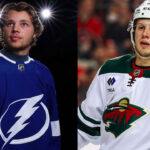 arco Rossi in a Minnesota Wild jersey and Isaac Howard in a Tampa Bay Lightning jersey, facing each other with a blurred NHL arena background, symbolizing a trade.