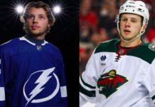 arco Rossi in a Minnesota Wild jersey and Isaac Howard in a Tampa Bay Lightning jersey, facing each other with a blurred NHL arena background, symbolizing a trade.