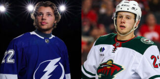 arco Rossi in a Minnesota Wild jersey and Isaac Howard in a Tampa Bay Lightning jersey, facing each other with a blurred NHL arena background, symbolizing a trade.