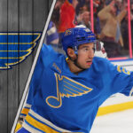 Jordan Kyrou celebrating a goal during a St. Louis Blues NHL game in 2025