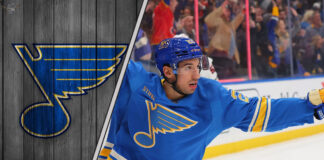 Jordan Kyrou celebrating a goal during a St. Louis Blues NHL game in 2025
