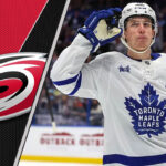 Mitch Marner celebrating a goal with the Carolina Hurricanes logo imposed on the image illustrating NHL trade rumors.
