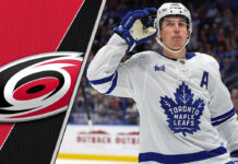 Mitch Marner celebrating a goal with the Carolina Hurricanes logo imposed on the image illustrating NHL trade rumors.
