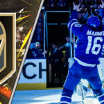 Mitch Marner celebrating a Maple Leafs win with a Vegas Golden Knights logo symbolizing potential NHL trade rumors.