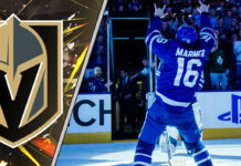 Mitch Marner celebrating a Maple Leafs win with a Vegas Golden Knights logo symbolizing potential NHL trade rumors.