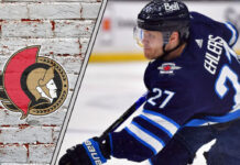 Nikolaj Ehlers skating in Winnipeg Jets jersey with NHL trade rumors linking him to the Ottawa Senators