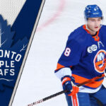 Noah Dobson in a New York Islanders jersey, with a faint Toronto Maple Leafs logo superimposed, symbolizing NHL trade rumors.