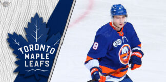 Noah Dobson in a New York Islanders jersey, with a faint Toronto Maple Leafs logo superimposed, symbolizing NHL trade rumors.