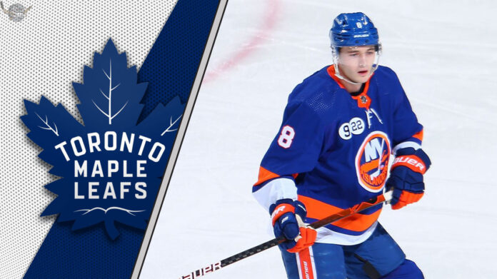 Why Dobson Makes Sense for the Maple Leafs Noah Dobson in a New York Islanders jersey, with a faint Toronto Maple Leafs logo superimposed, symbolizing NHL trade rumors.
