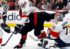 Action shot from the NHL playoff series between the Florida Panthers and Carolina Hurricanes in May 2025.