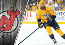 Ryan O’Reilly trade rumor with New Jersey Devils logo and Nashville Predators background
