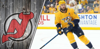 Ryan O’Reilly trade rumor with New Jersey Devils logo and Nashville Predators background
