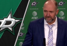 Dallas Stars former head coach Peter DeBoer talking to the media during the 2025 NHL playoffs, symbolizing the end of his tenure.