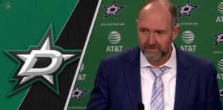 Dallas Stars former head coach Peter DeBoer talking to the media during the 2025 NHL playoffs, symbolizing the end of his tenure.