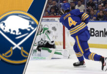 Buffalo Sabres defenseman Bowen Byram skates with the puck, with NHL trade rumors intensifying after the JJ Peterka deal.