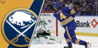 Buffalo Sabres defenseman Bowen Byram skates with the puck, with NHL trade rumors intensifying after the JJ Peterka deal.