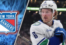 Vancouver Canucks forward Brock Boeser celebrates a goal, a prime target for the New York Rangers in NHL free agency.