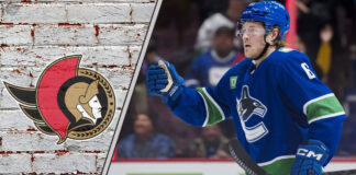 Ottawa Senators logo overlaid with a silhouette of a hockey player, representing the team's search for a scoring forward like Brock Boeser.