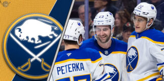 Buffalo Sabres teammates celebrating a goal as NHL Rumors swirl about the team trading the #9 overall pick.