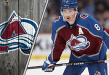 Colorado Avalanche defenseman Cale Makar skating with the puck, poised to make a play in the offensive zone during the 2025-26 NHL season.