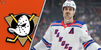 Chris Kreider in a New York Rangers jersey and the Anaheim Ducks logo, symbolizing the potential trade.