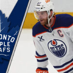Connor McDavid skating with a subtle Maple Leafs logo in the background, fueling McDavid to Leafs rumors.