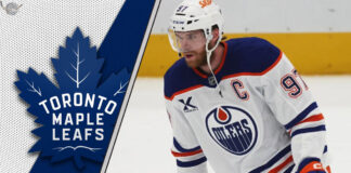 Connor McDavid skating with a subtle Maple Leafs logo in the background, fueling McDavid to Leafs rumors.